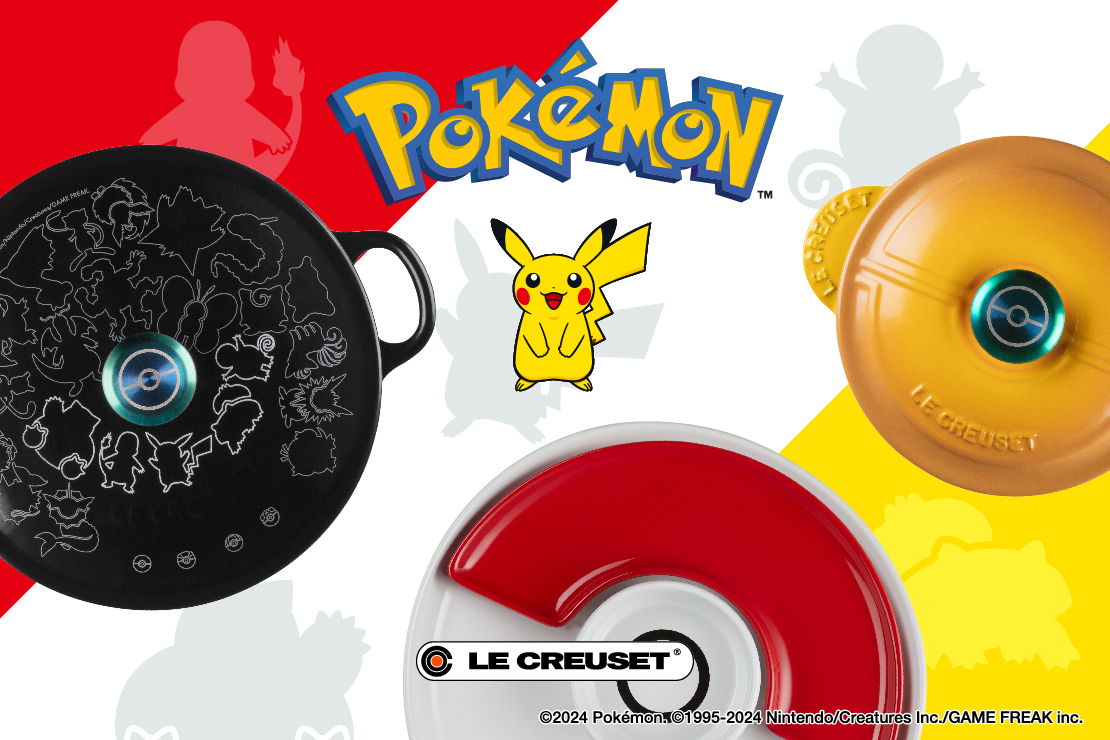 Promo for Pokémon's Le Creuset collab featuring various cookware and bakeware