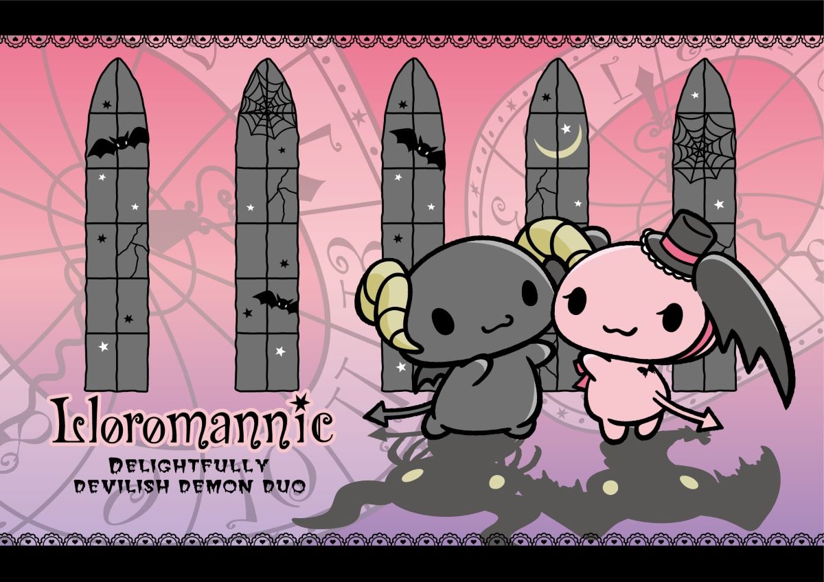 A grey chibi demon with goat horns and a pink chibi demon with a top hat lean towards each other in a pink space with black gothic windows behind them.
