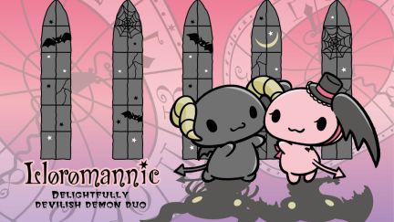 A grey chibi demon with goat horns and a pink chibi demon with a top hat lean towards each other in a pink space with black gothic windows behind them.