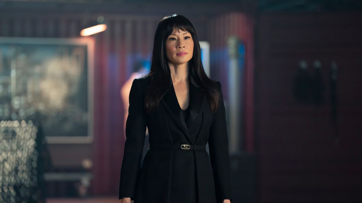 Lucy Liu, stands, dressed in all black, in a shot from Red One movie