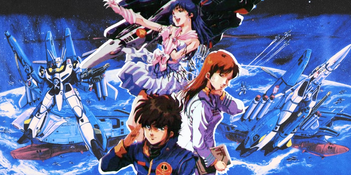 Promo art featuring the cast of "Macross" staring with mechas on an Martian landscape  