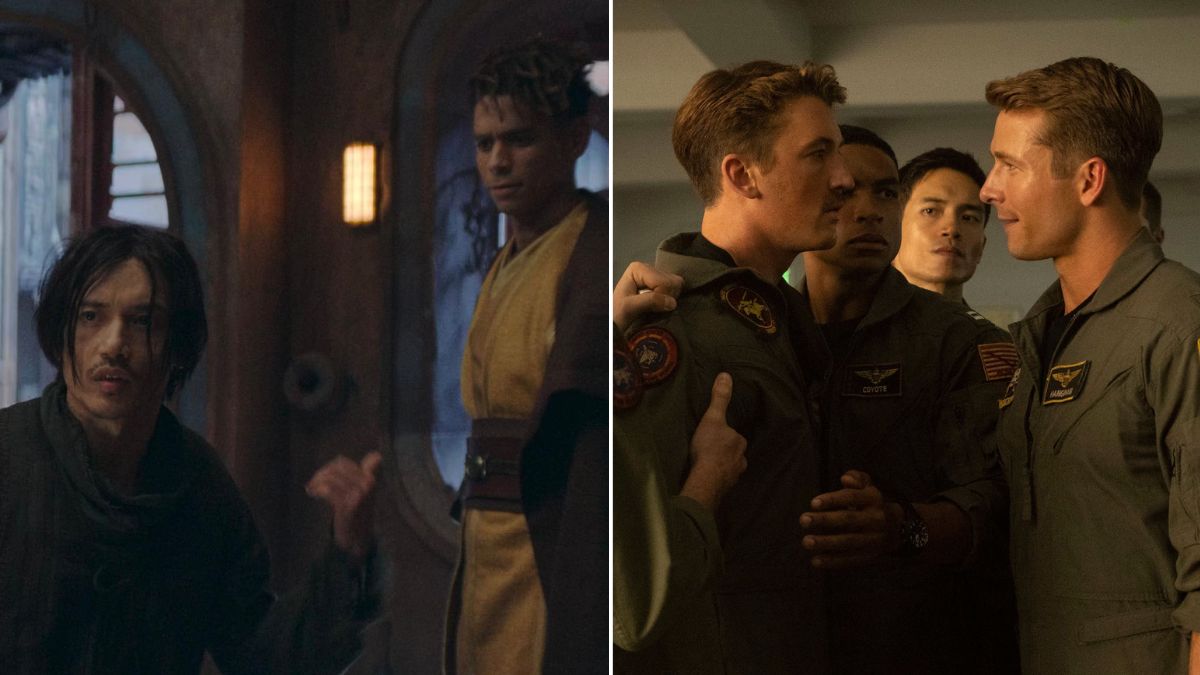 Left: Manny Jacinto as Qimir in The Acolyte. Right: Glenn Powell and Miles Teller in Top Gun: Maverick