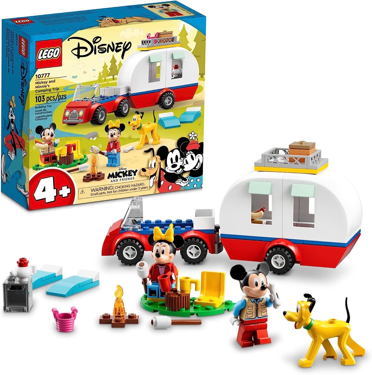 LEGO Mickey and Minnie Mouse pictured with a camper van and campsite