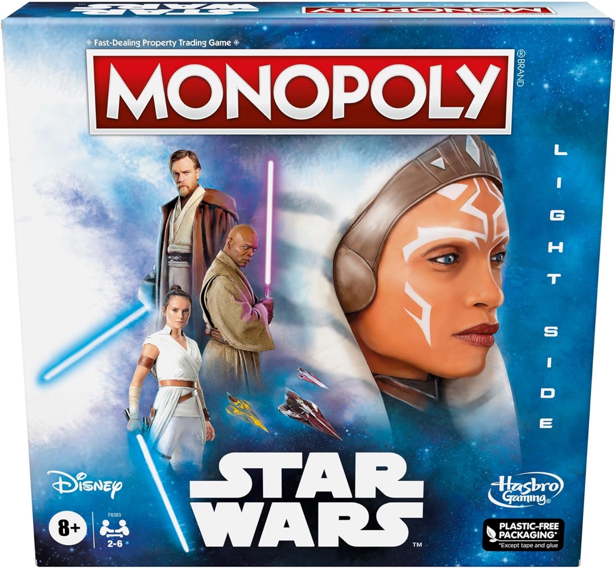 Box art for Monopoly- Star Wars Light Side Edition featuring Star Wars heroes 