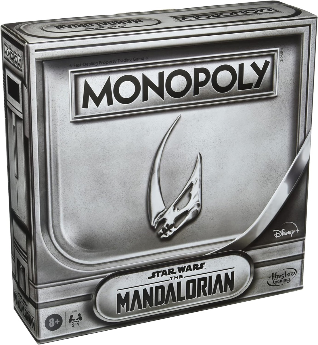Box art for Monopoly- Star Wars The Mandalorian Edition featuring a Mandalorian symbol 