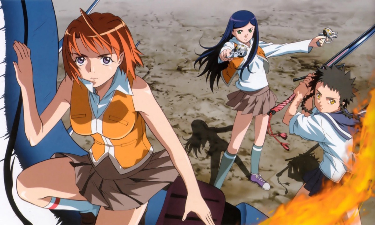 Three high school girls ready weapons to fight in "My-HiME"