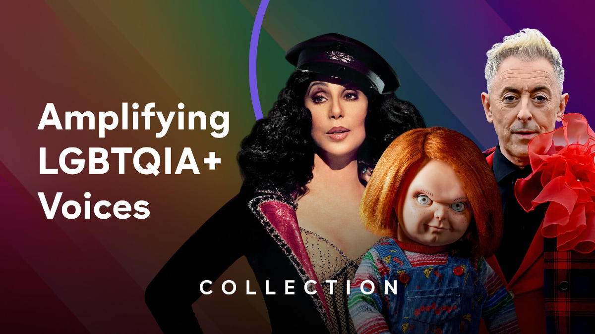 Peacock's "Amplifying LGBTQIA+ Voices" collection banner features Cher, Alan Cumming, and Chucky the killer doll