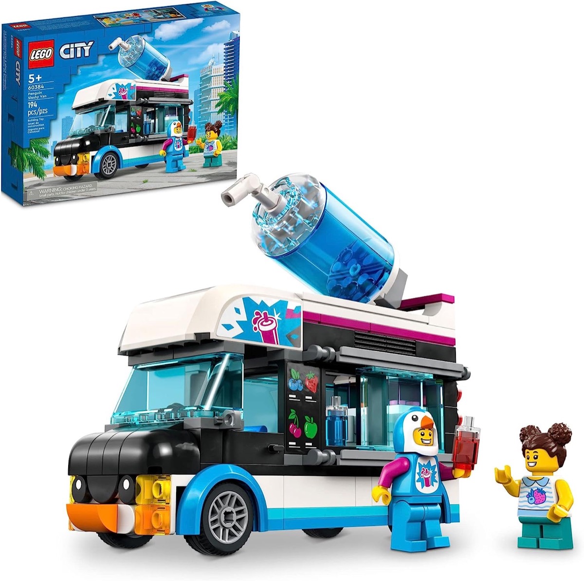 A Penguin Slushy Van with two LEGO minifigures 