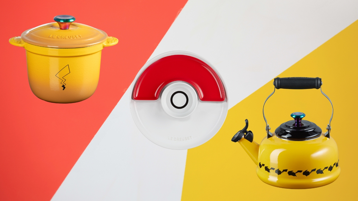Cookware from Pokémon's Le Creuset collab on a red, white, and yellow background
