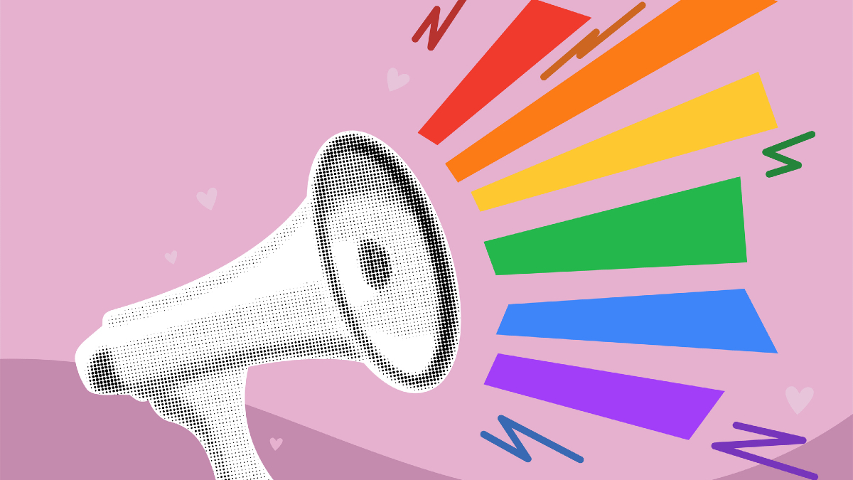 A megaphone with rainbow-colored soundwaves over a pink background