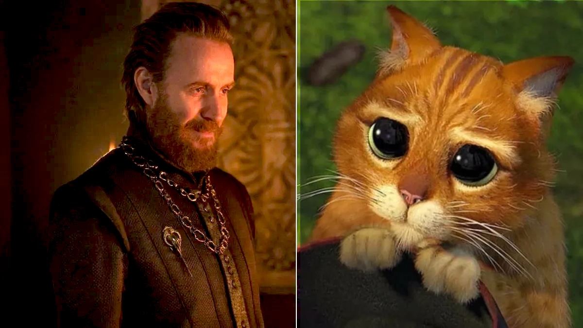 On the left: Rhys Ifans as Ser Otto Hightower from House of The Dragon smiles at something. On the right: Baby Puss in Boots makes pleading face while holding a hat.