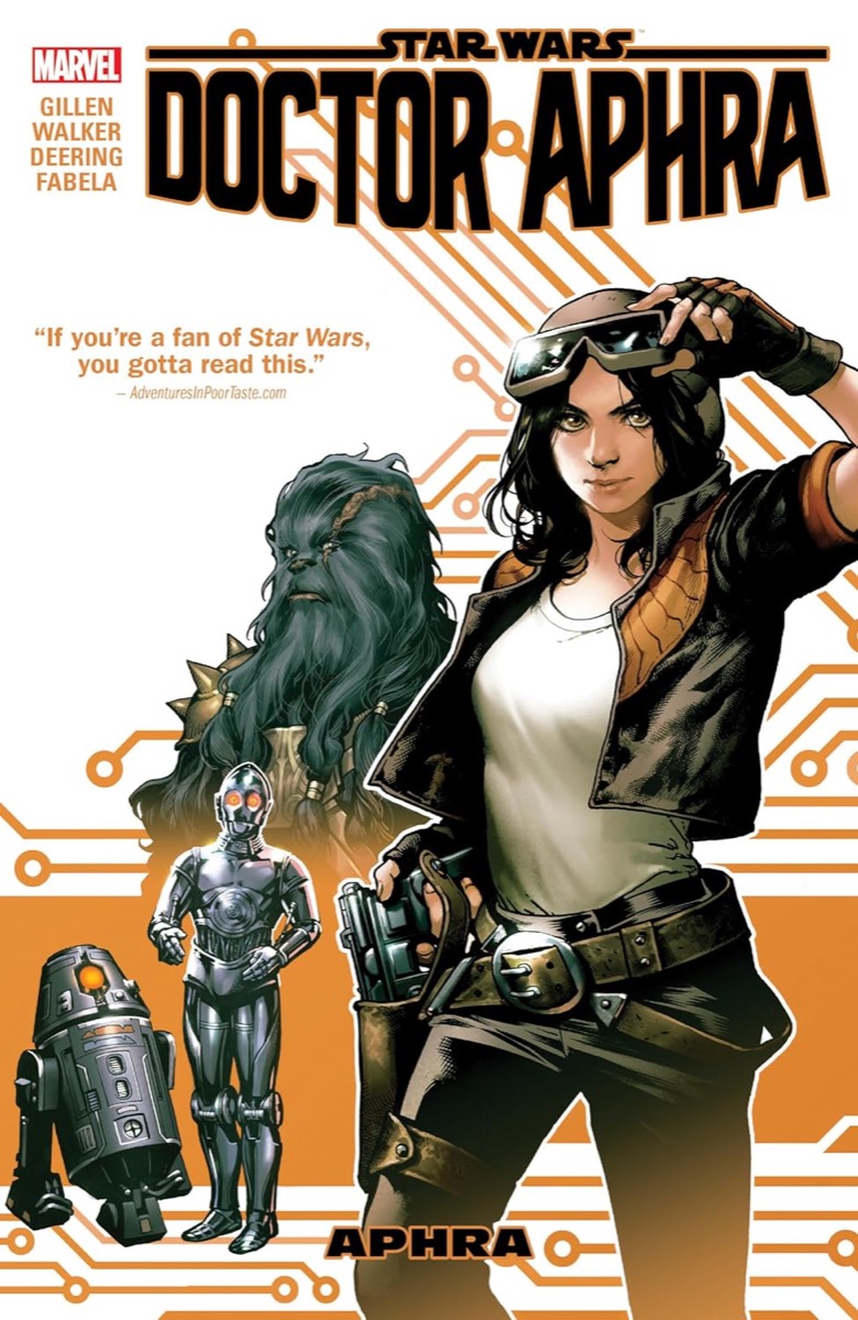 Cover art for "Star Wars- Dr. Aphra" featuring Dr. Aphra and some droids