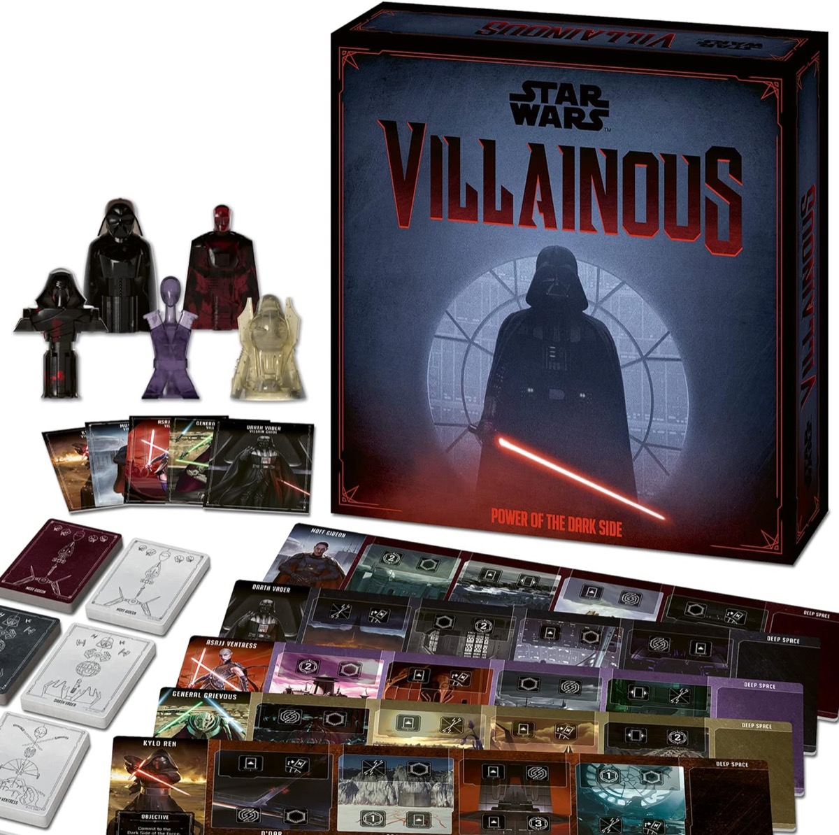 A box depicting Darth Vader and game pieces for Star Wars Villainous- Power of The Dark Side