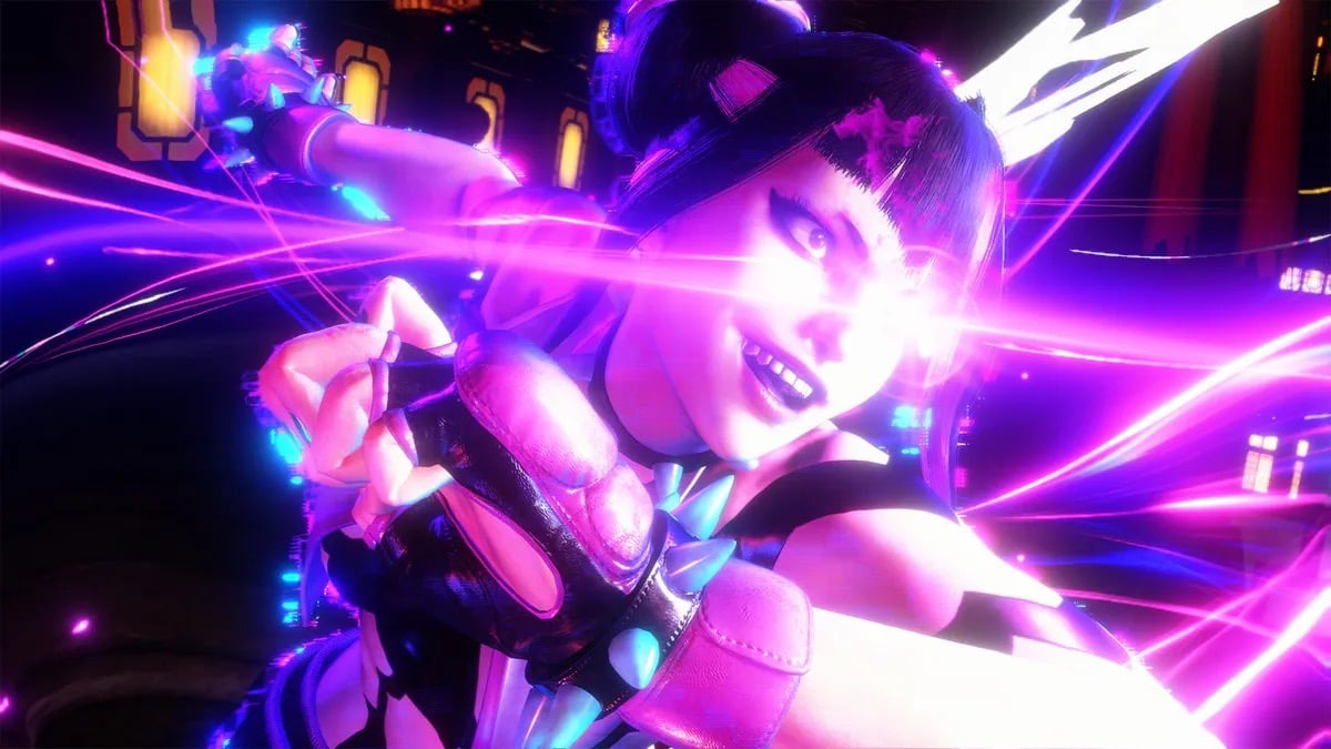 A smirking woman charges forward while glowing purple in "Street Fighter 6"