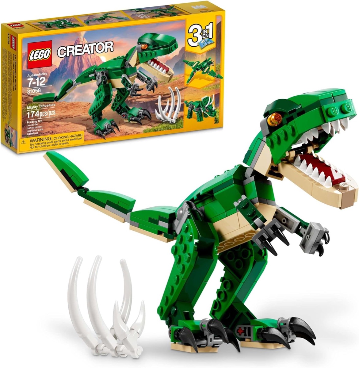 An assembled LEGO T-Rex figure