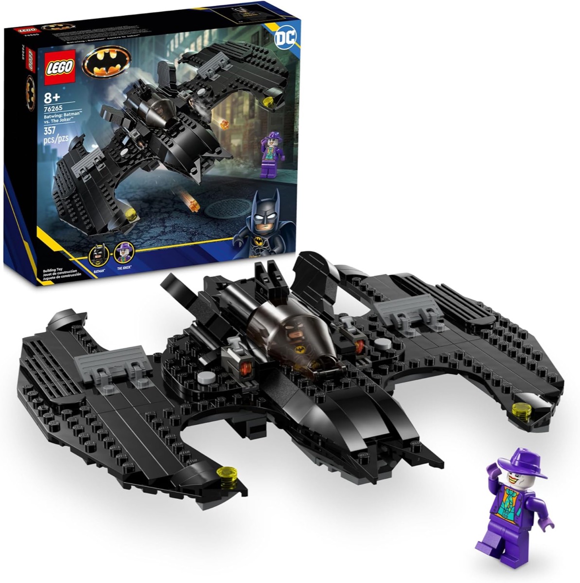 A LEGO version of The Batwing with a Joker minifigure