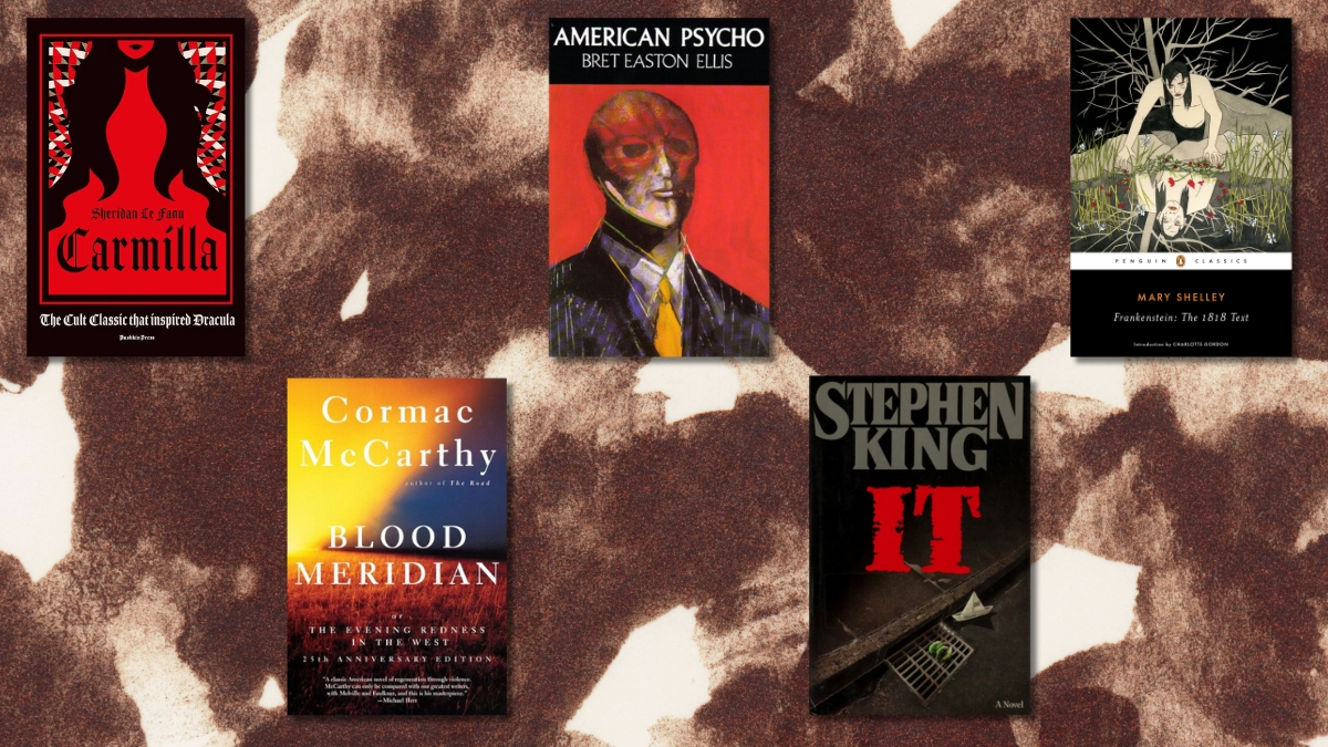 Horror book covers on an abstract background (clockwise from top left): 'Carmilla,' 'American Psycho,' 'Frankenstein,' 'It,' and 'Blood Meridian'