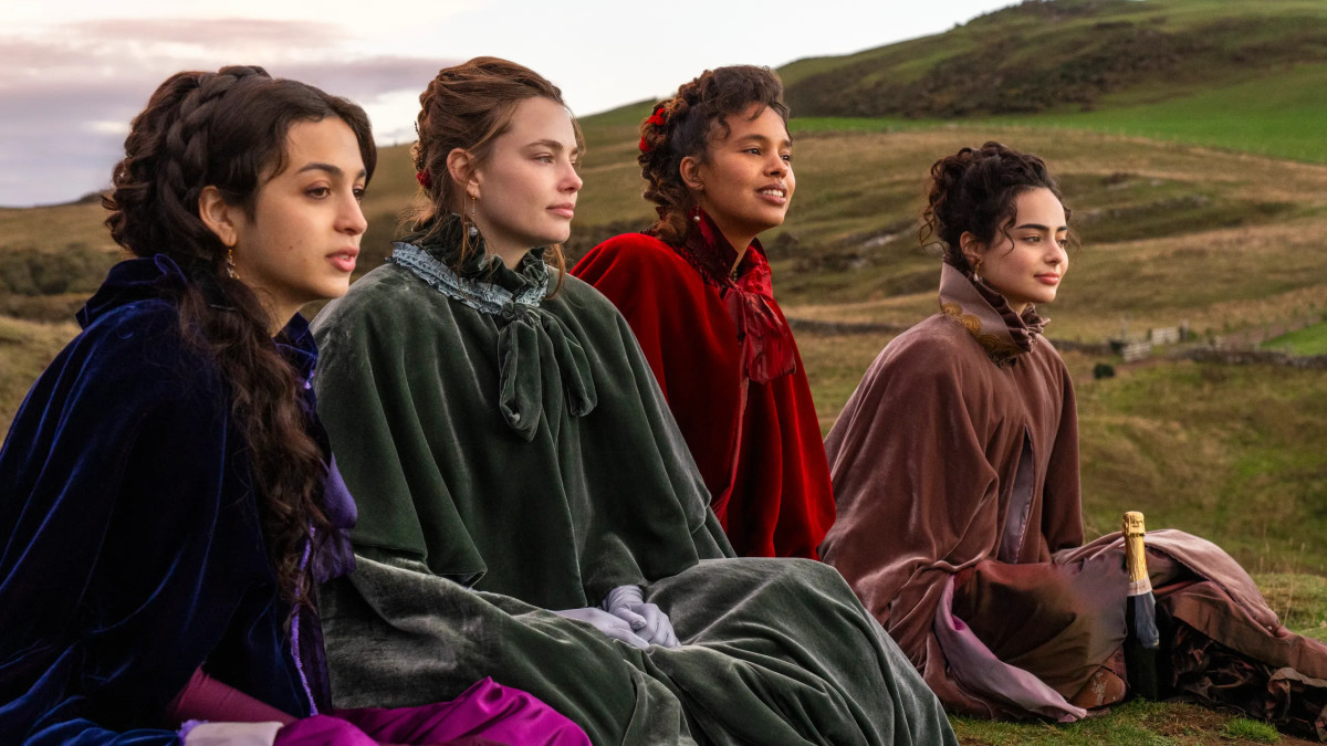 From left to right: Josie Totah as Mabel Elmsworth, Kristine Froseth as Nan St. George, Alisha Boe as Conchita Closson, and Aubri Ibrag as Lizzy Elmsworth in The Buccaneers