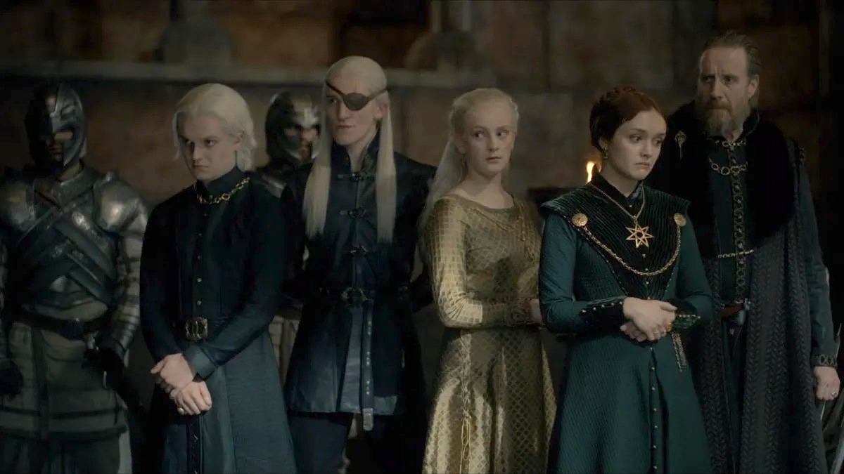 The Greens: Aegon, Aemond, and Helaena Targaryen, with Alicent and Ser Otto Hightower