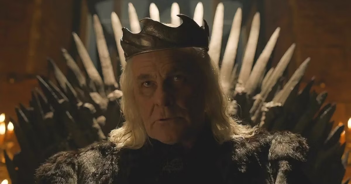 The Mad King Aery II looks suspicious while seating on the Iron Throne in "Game of Thrones" 