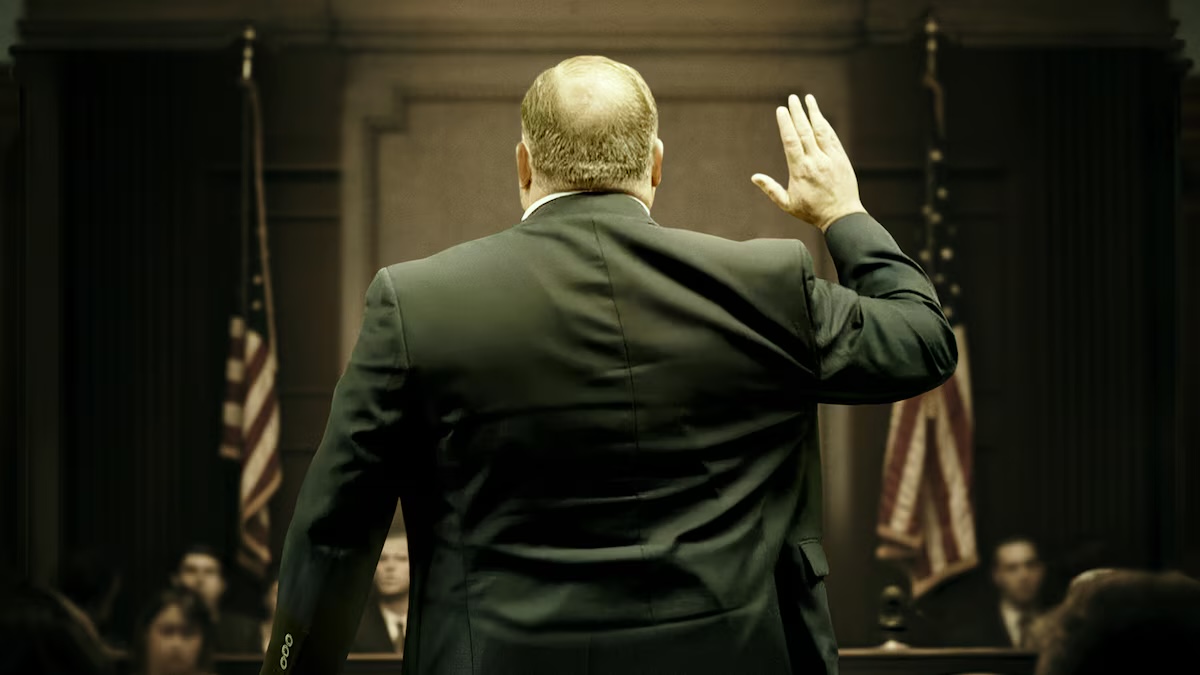 Alex Jones raises his right hand to take an oath in court in "The Truth vs Alex Jones"
