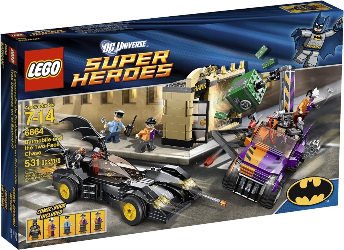 Batman and Two Face chase each other in LEGO cars in this LEGO set 