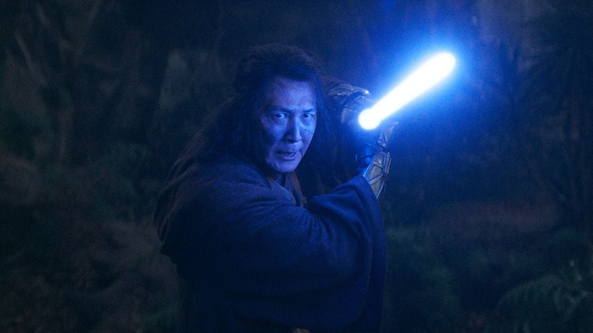 Jedi Master Sol (Lee Jung-jae) raises his blue lightsaber for battle in episode 5 of 'The Acolyte'
