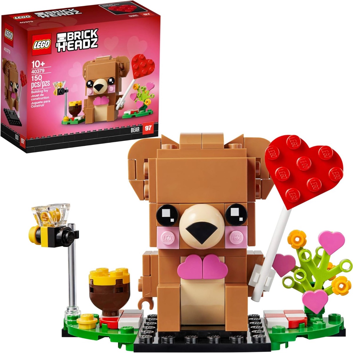 A Valentine's Bear hold ing a heart on a stick from LEGO