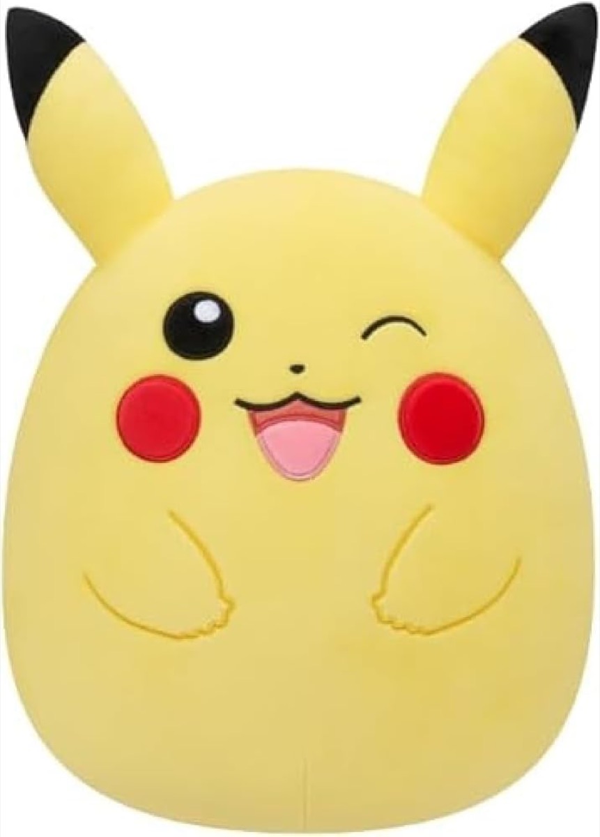 A squishmallw of a winking Pikachu from "Pokemon" 