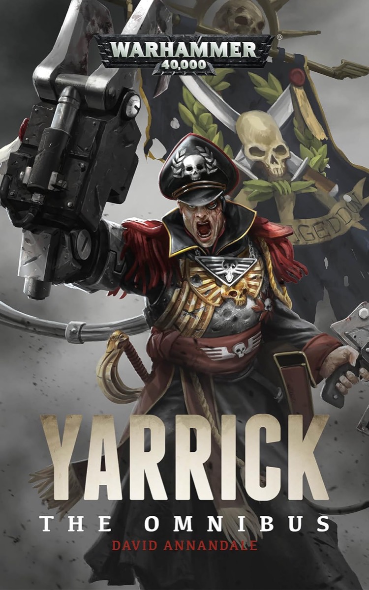 Sebastian Yarrick with chainsword raised on the cover of "Yarrick: The Omnibus" 