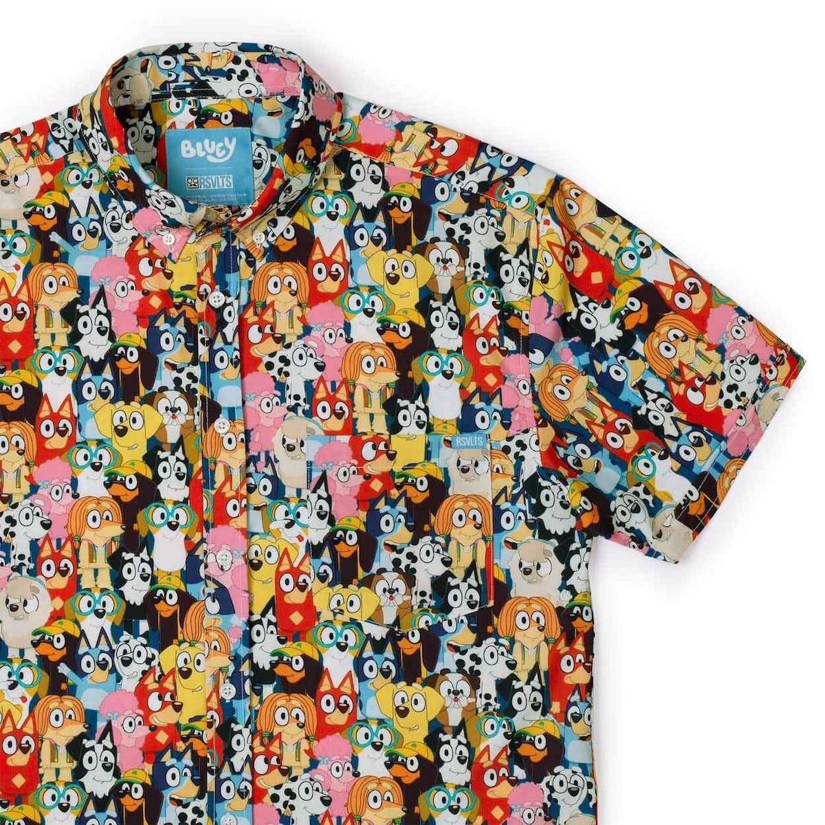 A short-sleeved collared shirt with a busy Bluey dog print