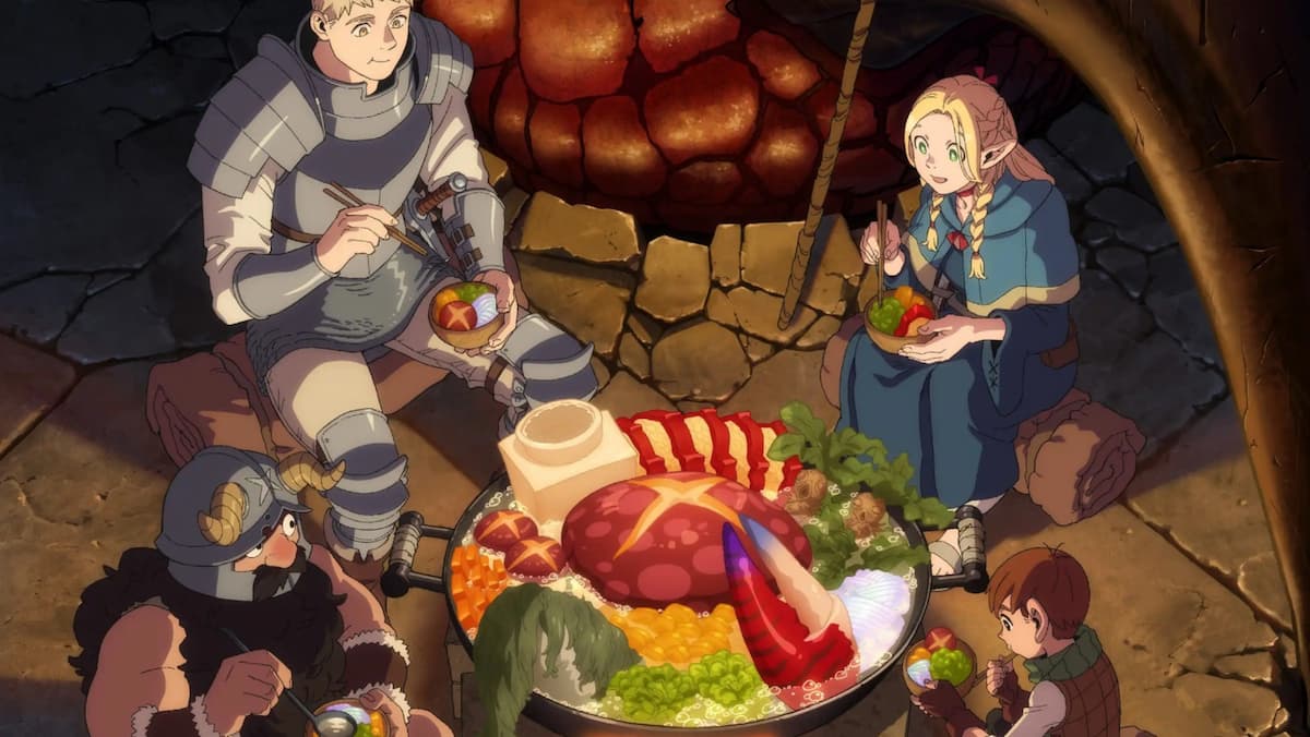 Promotional poster for Delicious in Dungeon featuring Laois, Marcille, Chilchuck, and Senshi