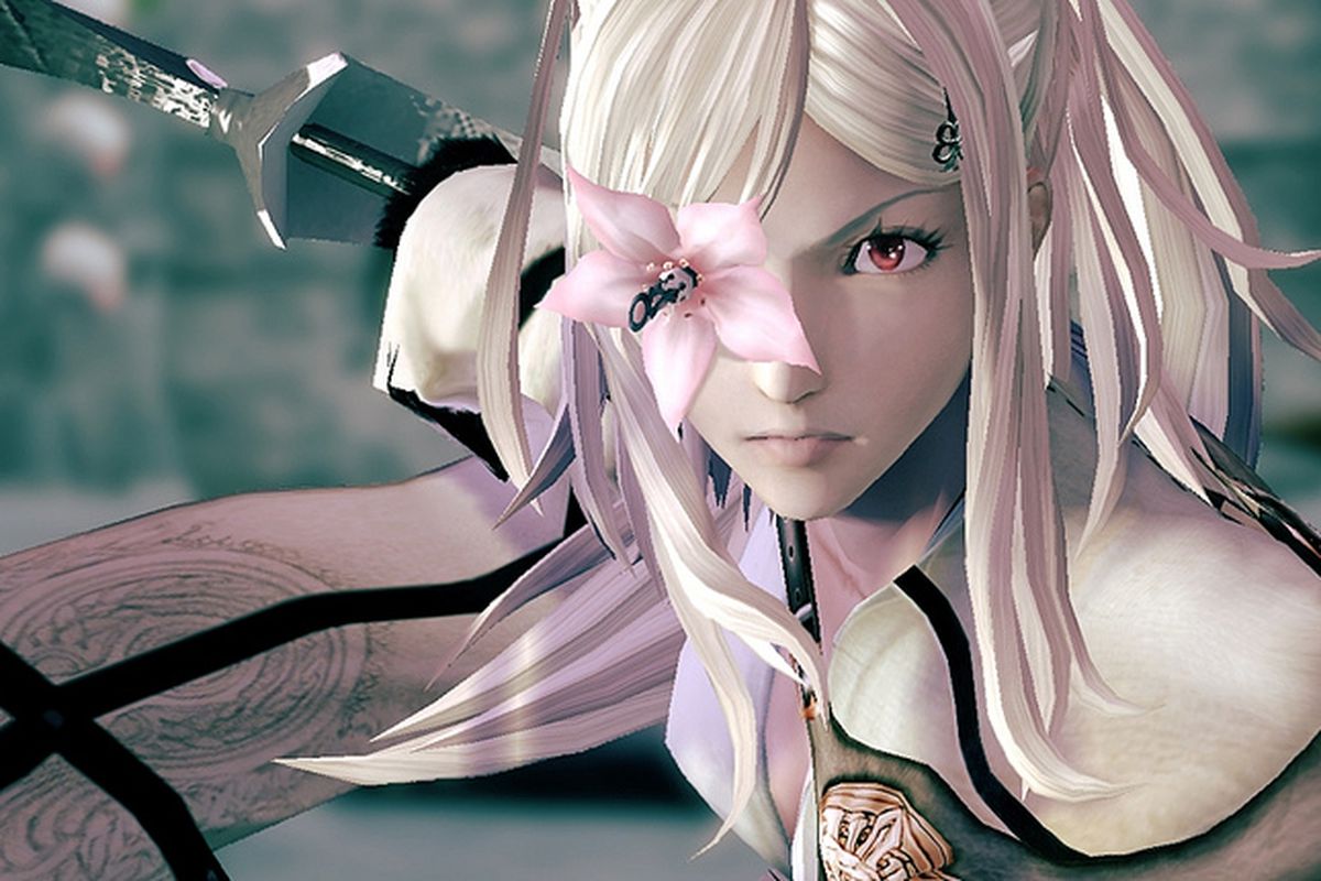 A young woman with a flower for an eye wields a sword in "Drakengard 3"