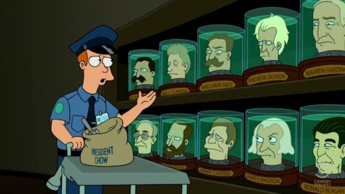A scene from Futurama shows Fry feeding rows of jars containing dead presidents' heads.