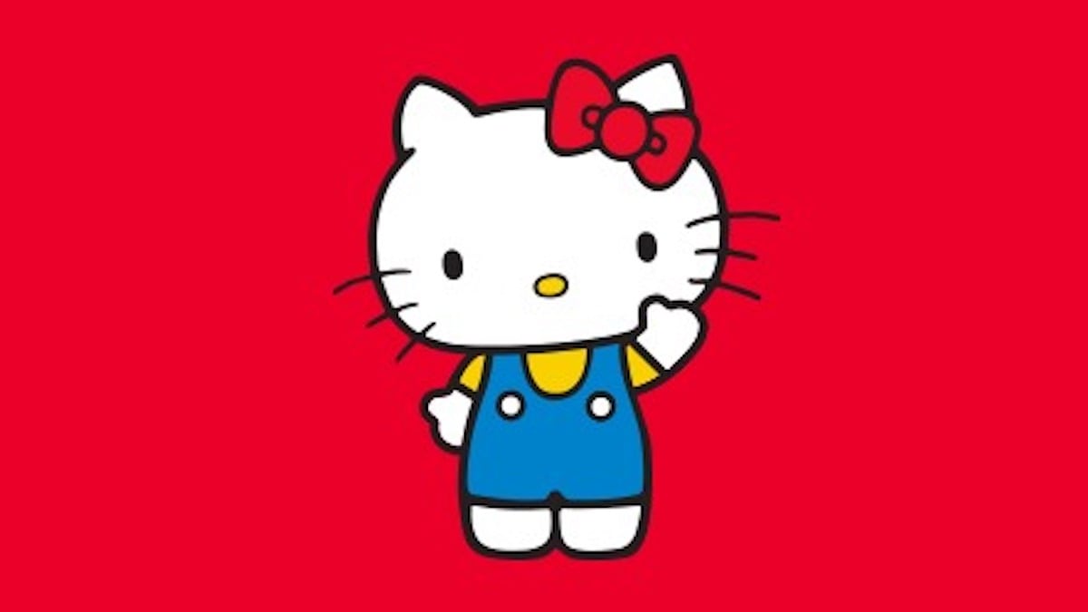 Hello Kitty waves against a red background