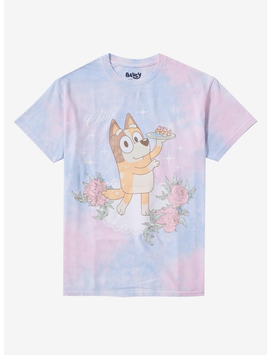 A pastel tie-dye t-shirt featuring Chilli from Bluey