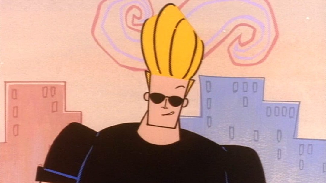 Animated character Johnny Bravo smiles at the audience