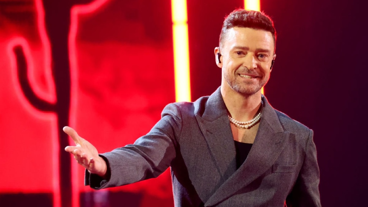 Justin Timberlake looking slightly unsure onstage.