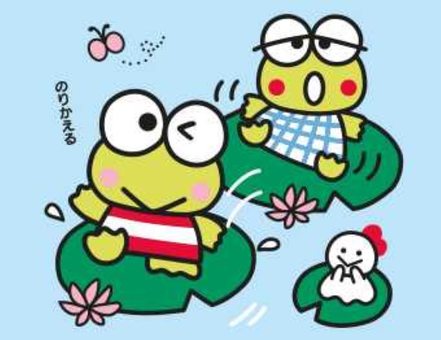 A simple cartoon drawing of a big eyed green frog in a red and white striped shirt on a lilypad, and another frog with blushing cheeks in blue and white check behind him.