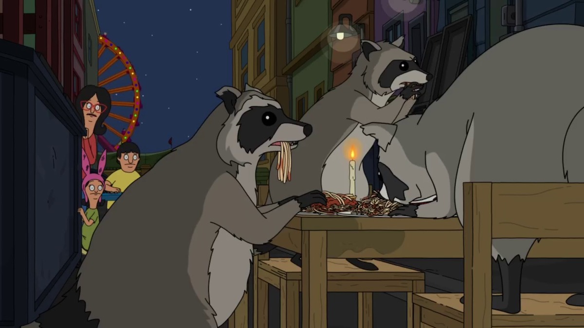 In a scene from Bob's Burgers, raccoons eat spaghetti in an alley while Linda and the kids watch.