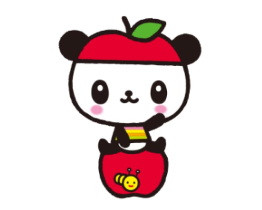 A simple drawing with thick lines of a little panda sitting on a red apple with a yellow caterpillar on it, wearing a red apple hat.