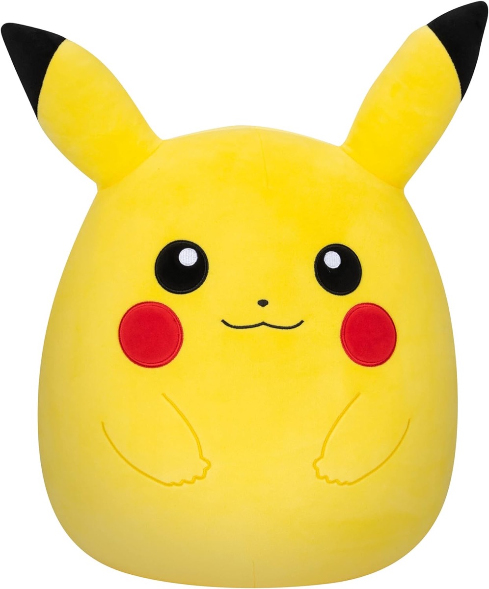 A squishmallow pikachu  from "Pokemon" smiling 