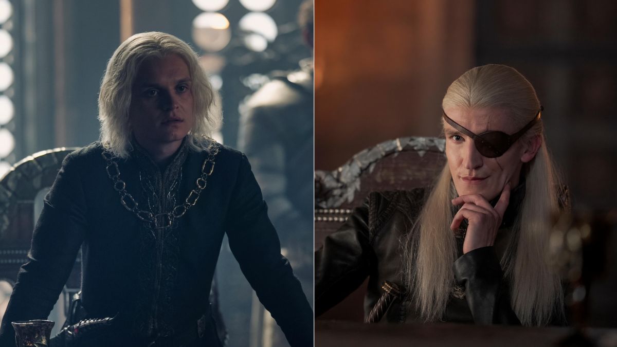 Left: Tom Glynn-Carney as King Aegon sits at the had of his Small Council. Right: Ewan Mitchell as Prince Aemond Targaryen slightly smirks as he sits the small council in House of The Dragon