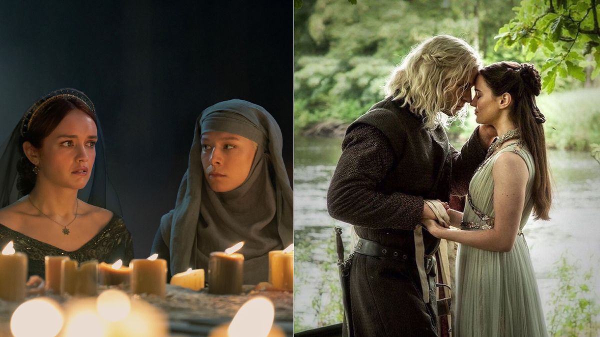 Left: Alicent and Rhaenyra light candles at the sept in House of the Dragon. Right: Rhaegar Targaryen and Lyanna Stark get married in Game of Thrones