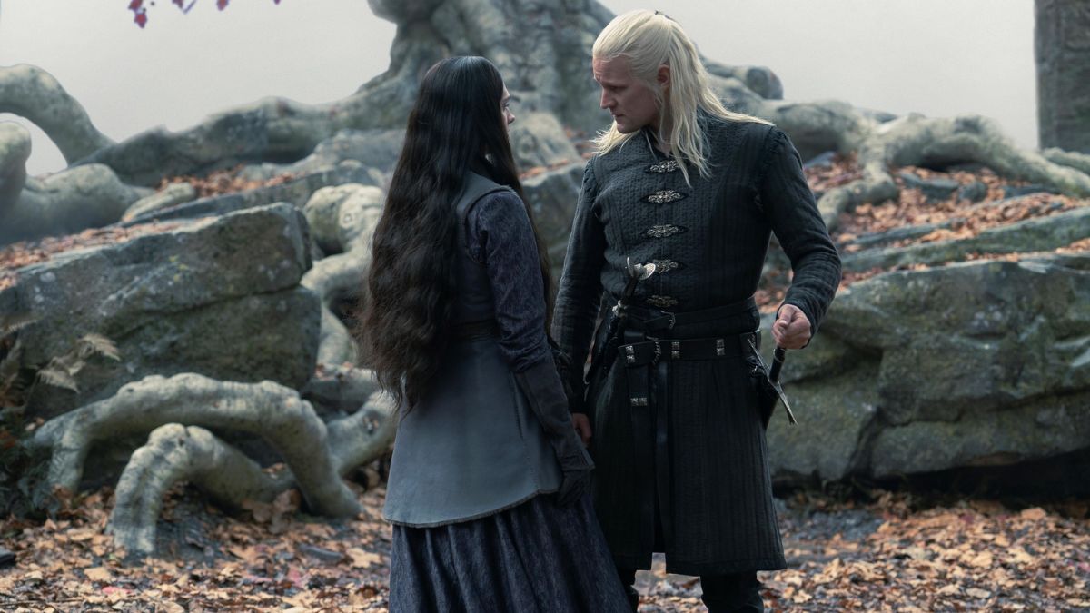 Gayle Rankin as Alys Rivers talks to Matt Smith as Daemon Targaryen in the Godswood at Harrenhal in House of the Dragon season 2