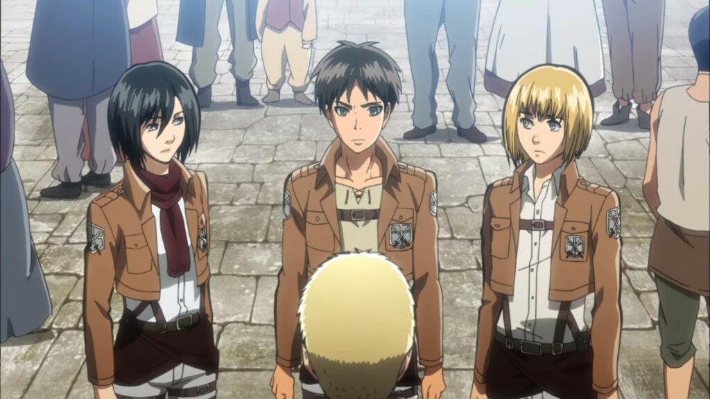 L-R: Mikasa, Eren, Armin from Attack on Titan
