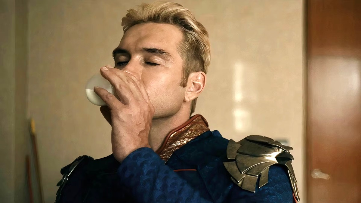 Anthony Starr as Homelander drinking milk in The Boys