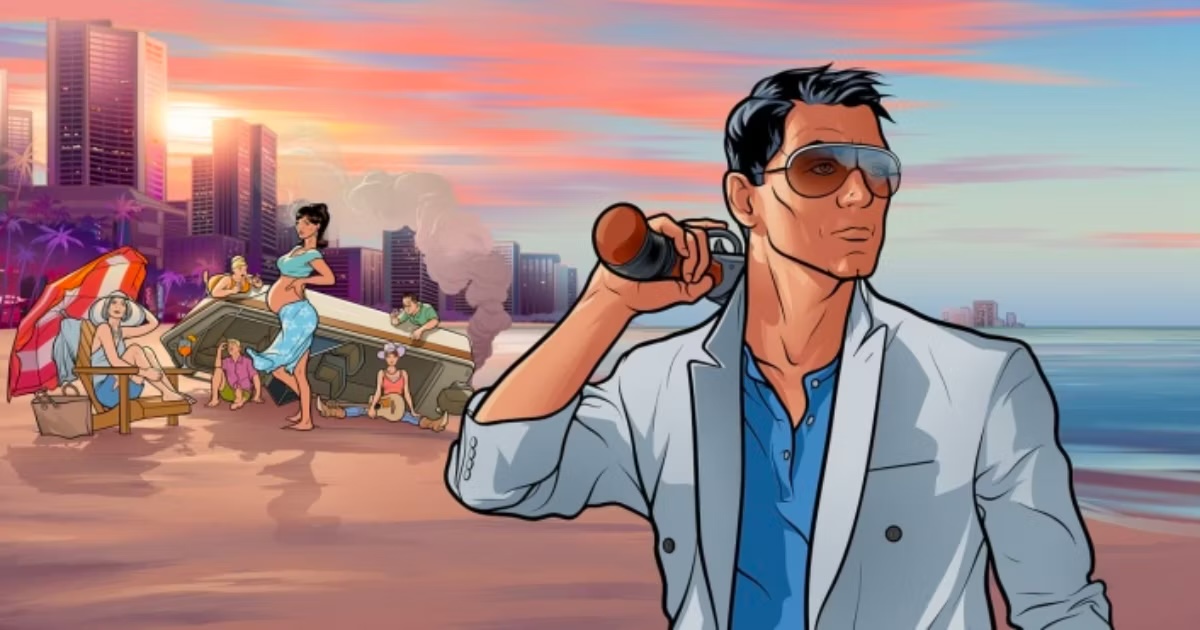 Archer stands on a Miami Beach with a shotgun on his shoulder in "Archer" 