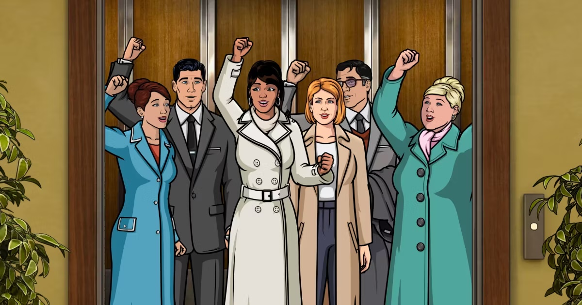 The cast of "Archer" raise their fists in triumph