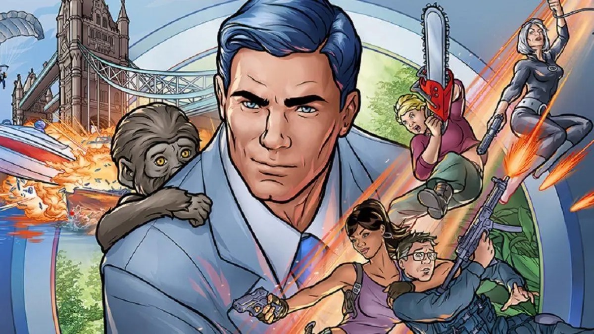 Promo art for "Archer" featuring Archer smirking with a baby monkey on his back while his coworkers leap through the air in combat.